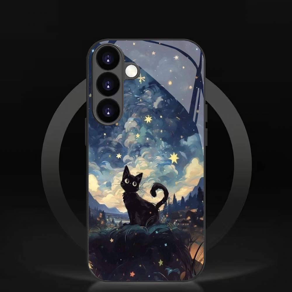 Starry Sky Black Cat Tempered Glass Phone Case Suitable for Samsung Galaxy S26 S25 S24 S22 S21 S20 FE/Ultra/Plus Anti Drop