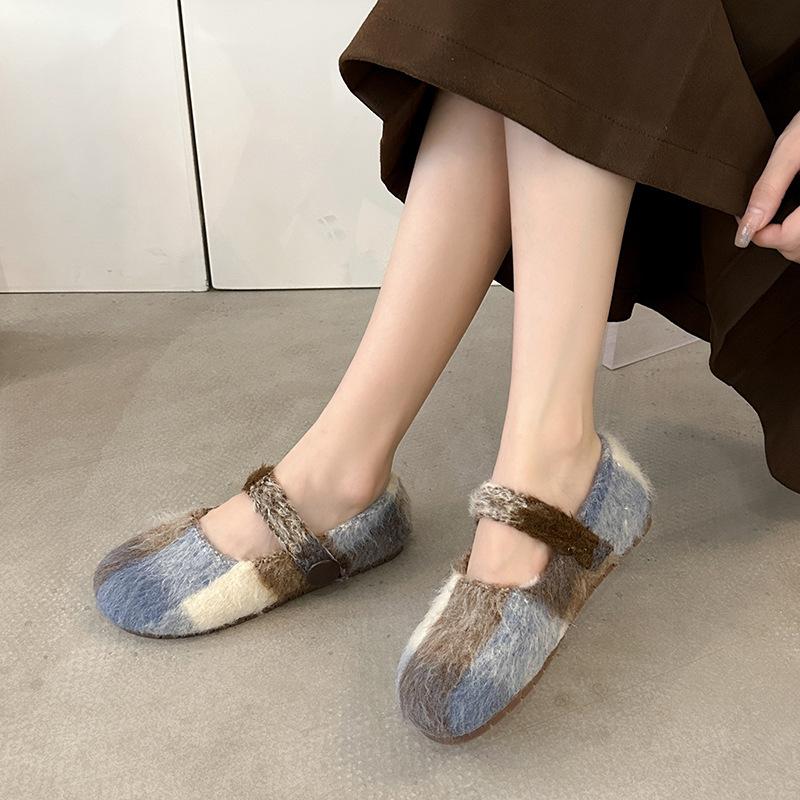 

Флисовые туфли Мэри Джейн на плоской подошве для женщин, осень-зима 2025, новые универсальные туфли с небольшим ароматом и мягкой подошвой 40 синий