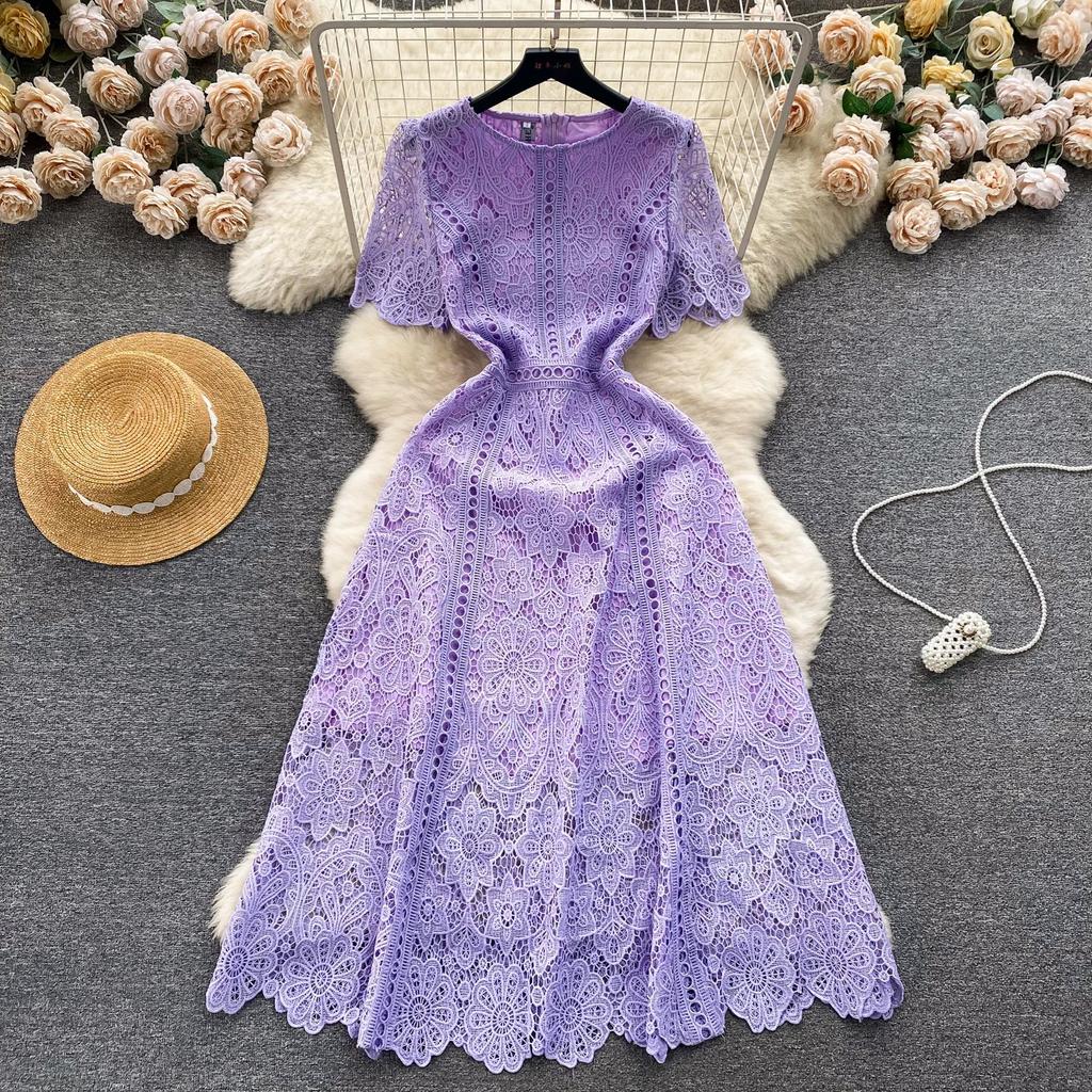 Summer Women's Vintage Casual Lace Dress O-Neck Butterfly Sleeve Zipper Hook Flower Hollow Slim Embroidery Long Dress