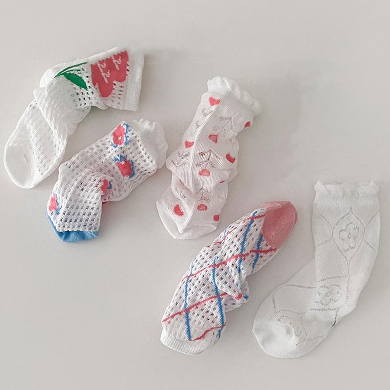 5Pairs Summer Mesh Socks for Girl Flower Stockongs Hollow Breathable Mid Tube Sock Floral Princess Children Cotton Socks 0-8Year