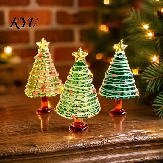 Miniature Xmas Tree Figurine Glazed Christmas Figurine, Colorful Decor, Handcrafted Glass Craft for Display Table Centerpiece Home Office Holiday