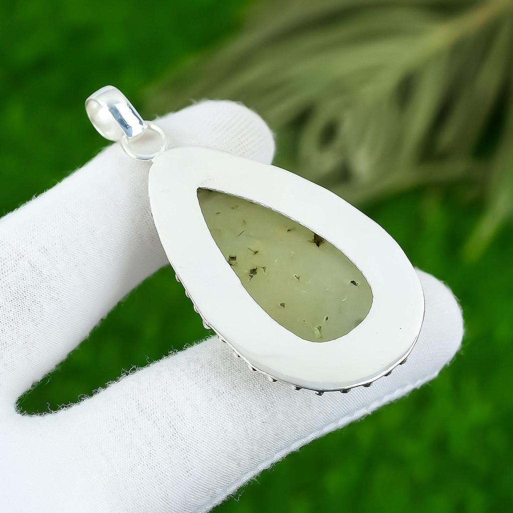Anniversary Gift For Her Natural Prehnite Gemstone Pendant 925 Sterling Silver