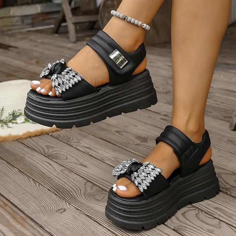 Fashion Bowtie Shiny Crystal Decor Flat Sandals Women Summer Thick Sole Chunky Platform Sandals Woman's Comfort Non Slip Beach Sandals