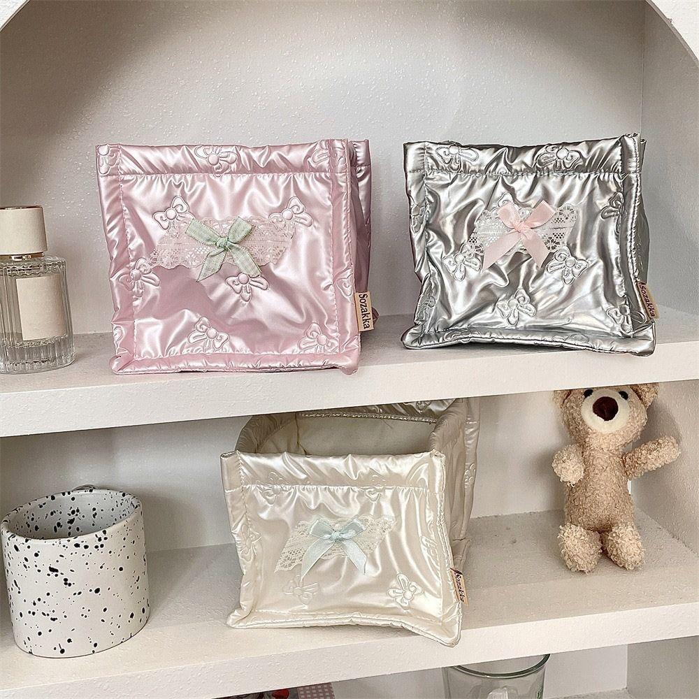 Bow Knot Cosmetic Storage Pouch Soft PU Desktop Storage Box New Handmade Storage Basket  Home