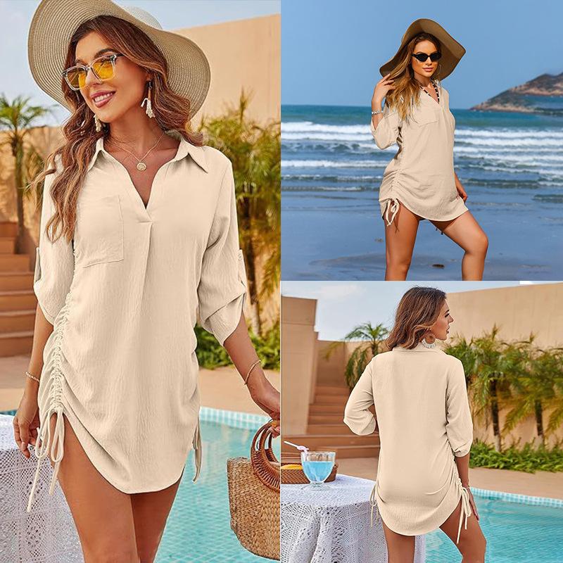 New drawstring shirt collar beach jacket head bikini swimsuit blouse vacation sunscreen shirt
