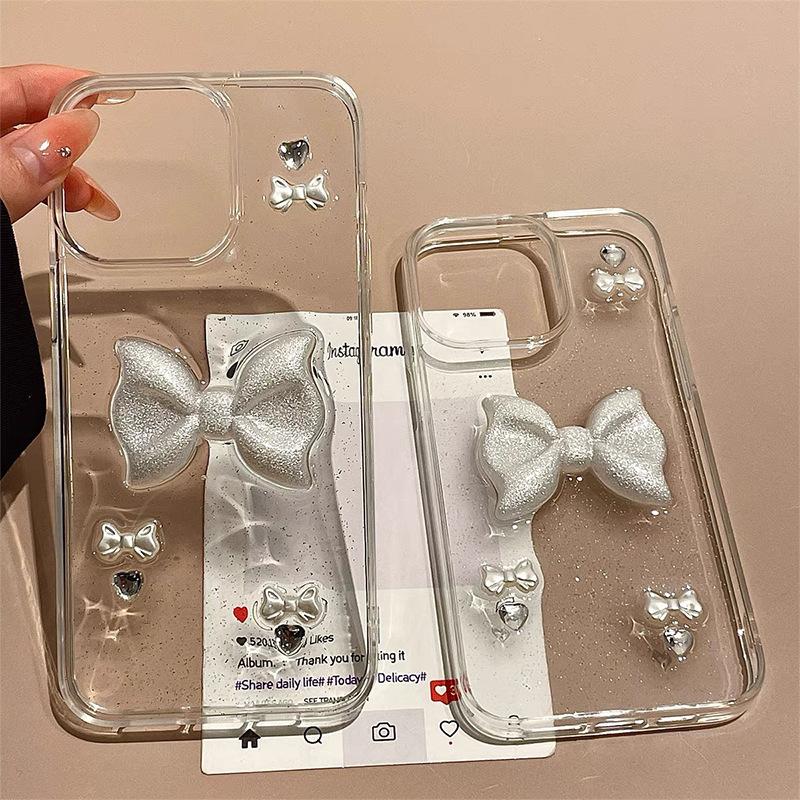 Bow Love Water Diamond Sparkling Pink Phone Case for IPhone 17 Promax Dropping Glue for Apple 15 Transparent 14 Women