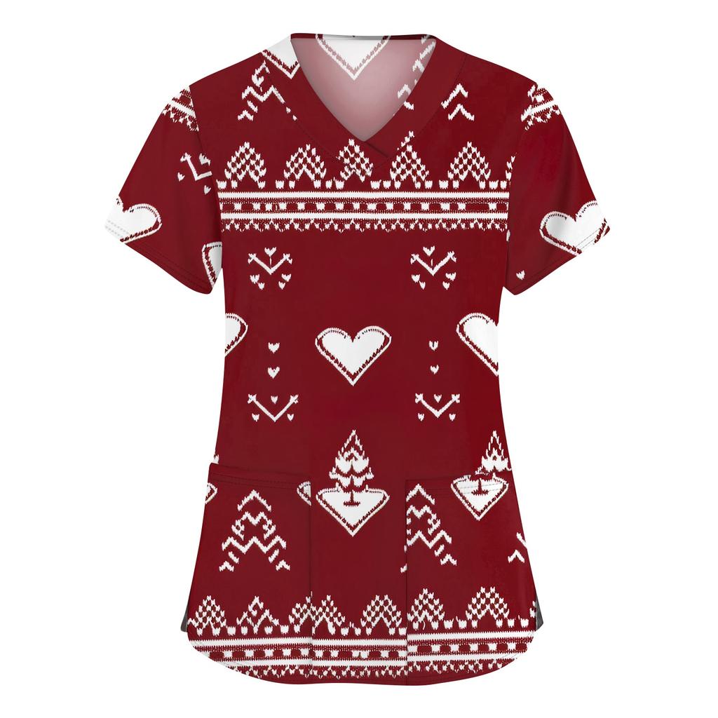 Women's Fashion V-neck Short Sleeve Workwear With Pockets Christmas Printed Tops