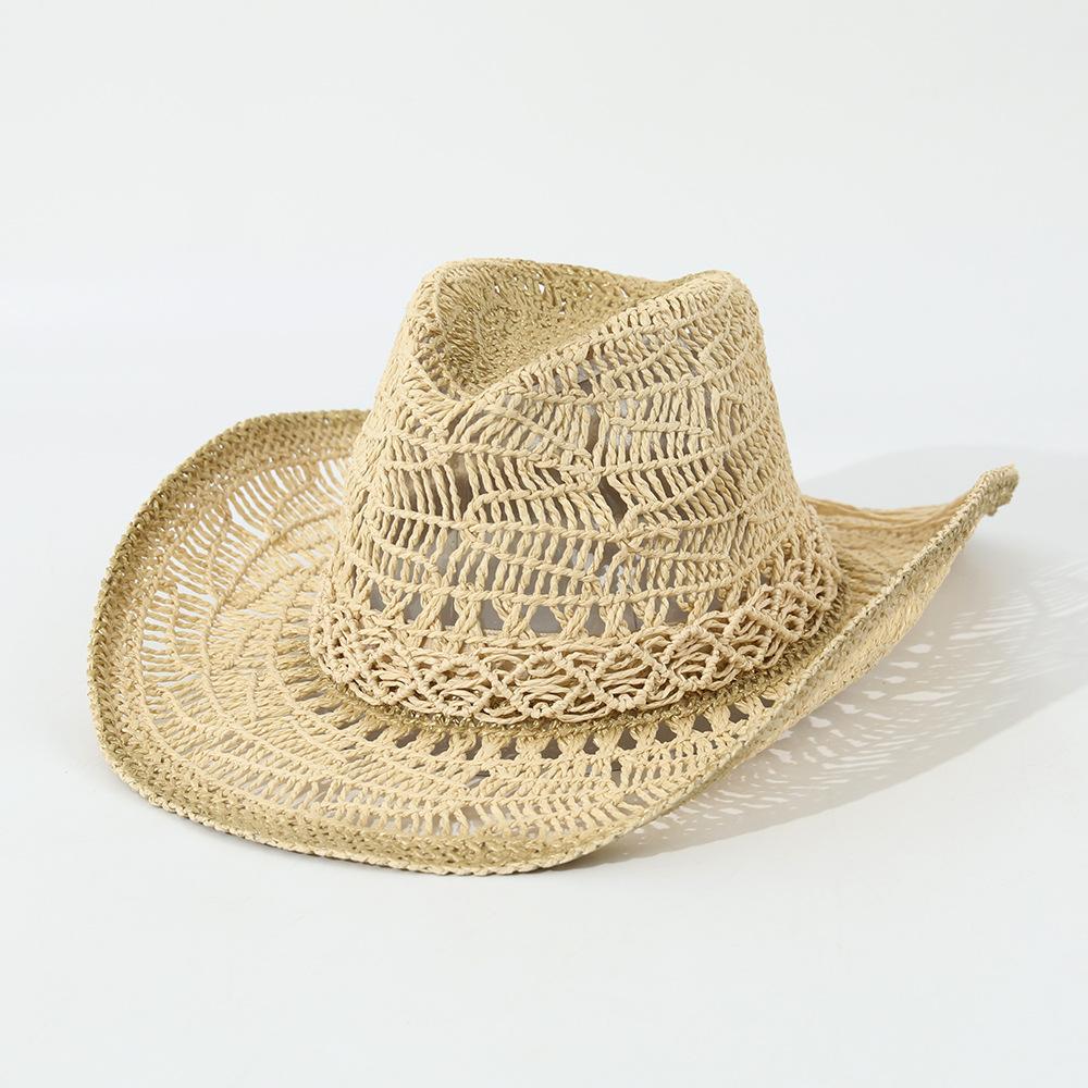 

New Hot Sale Curved Brim Hollow Denim Straw Hat, Painted Gradient Sun Beach Fedora, Summer Vacation Cap