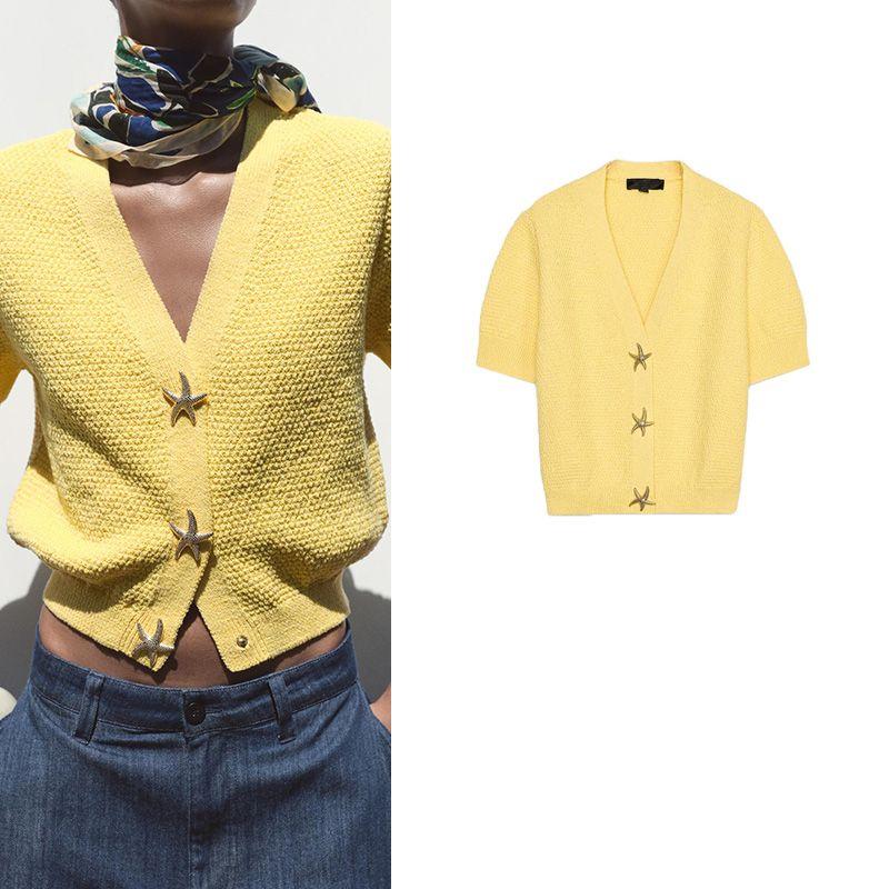 Summer New Product Women's Clothes French Style Design Short Sleeve V Neck XINGX-Shaped Button Decoration Knitting Outwear 6771066