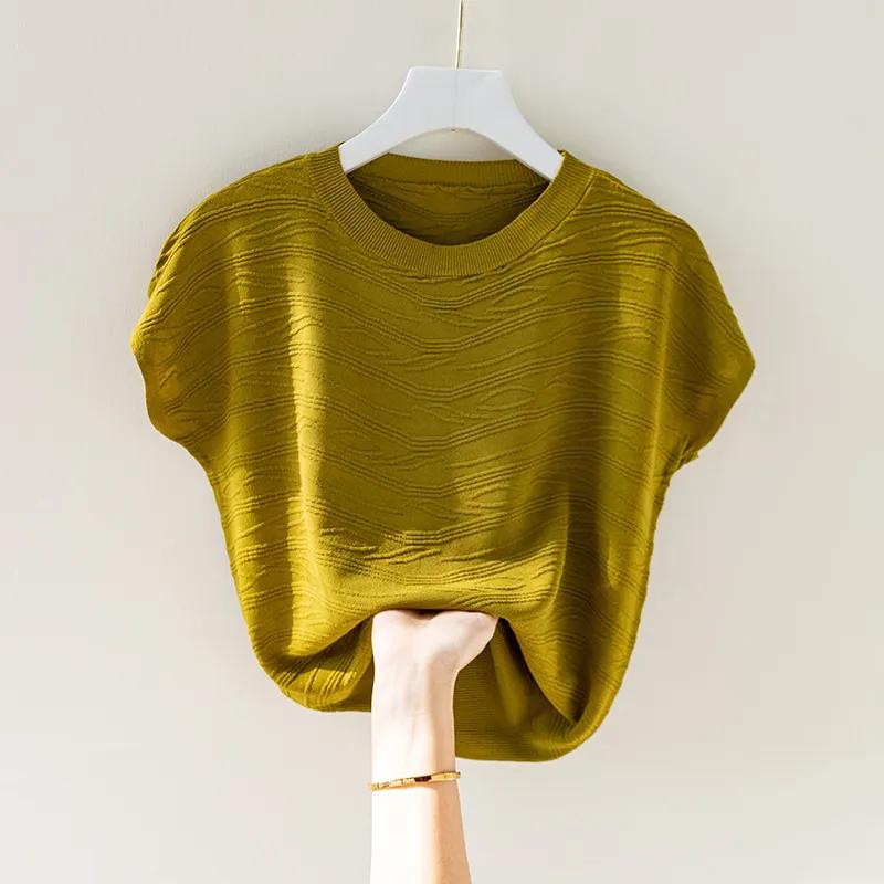 Zomer Ronde Hals IJszijde T-shirt met Korte Mouwen Damesmode Textuur Trui Top