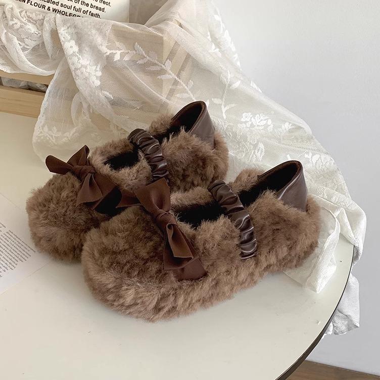 Bow-tie thick-soled fluffy shoes, women's autumn and winter height increase, one pedal, velvet Mary Jane cotton shoes