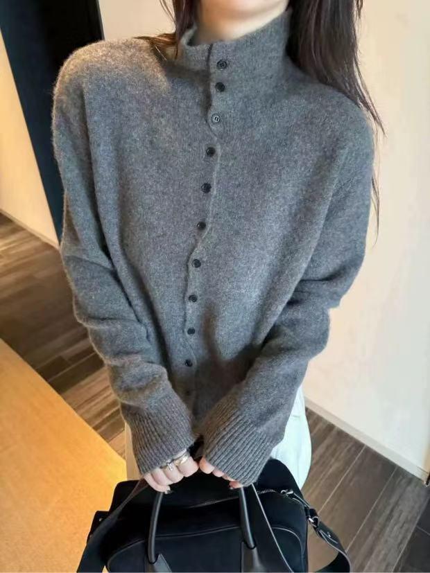 Women's High-Neck Wool Cardigan - Korean Style Single-Breasted Knit for Autumn/Winter