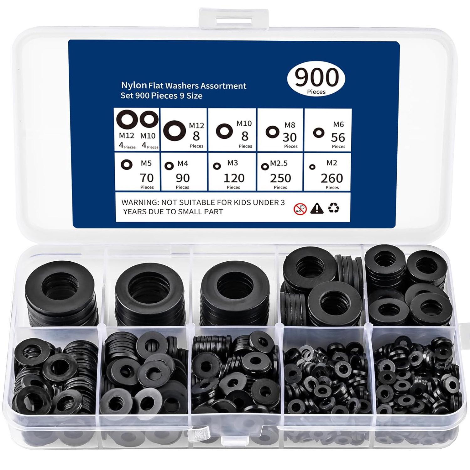 Набор черных нейлоновых изолирующих плоских шайб с пластиковой прокладкой, 900 шт.