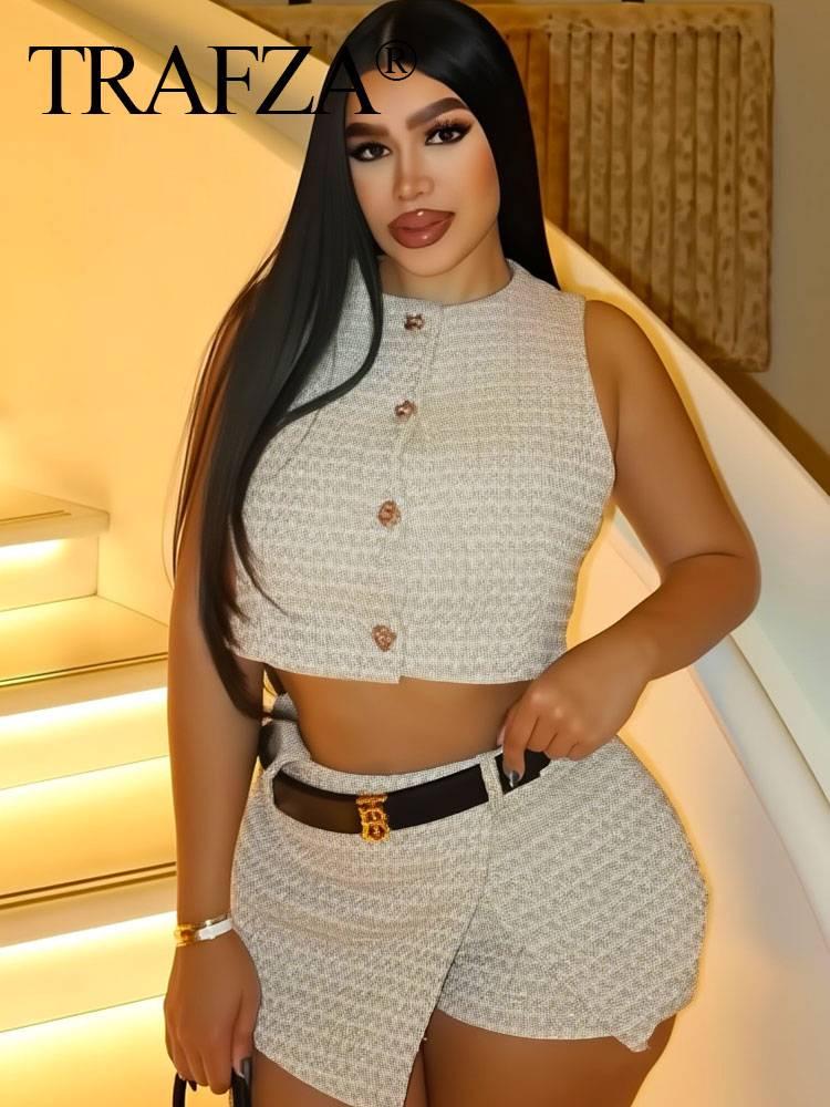 Women's Spring Slimming Textured Vest with Matching Belted Skirt Pants