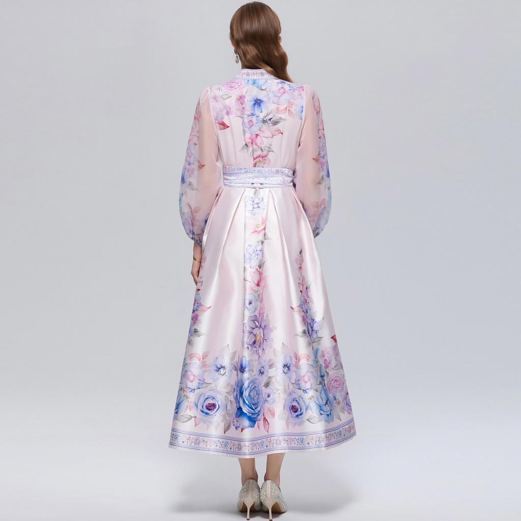 Wunderschönes Blumenwickel-Langarmkleid Damen V-Ausschnitt Laternenärmel Chiffon-Patchwork Dickes Satin-Band-Schnürgürtel Partykleid
