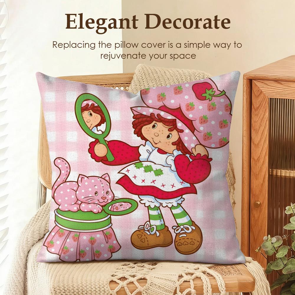 Cute SStrawberry Shortcake Cushion Cover Natural Linen Organic Fabric DoubleSided Printing Sofa Home Decor Gift Pillow Case
