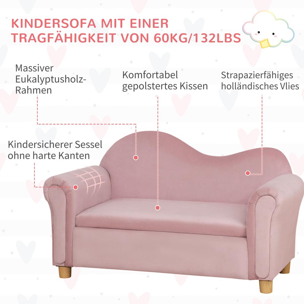 Children's Sofa, Two-Seater for Children 3-5 Years, Storage Space, Natural Wood Frame, 84 x 41.5 x 48.5cm, Pink