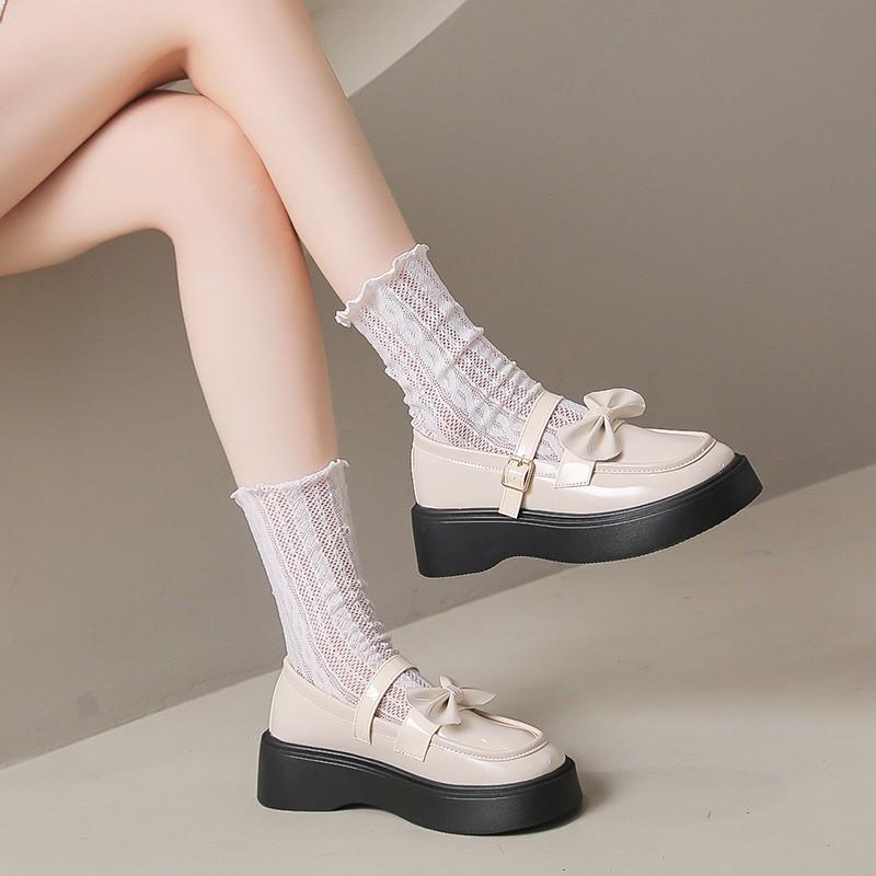Fashion Women's Shoes Buckle  Jane Shoes Round Toe Solid Loafers Pumps Fashion JK Uniform Shoes Butterfly Knot Platform Leather Shoe
