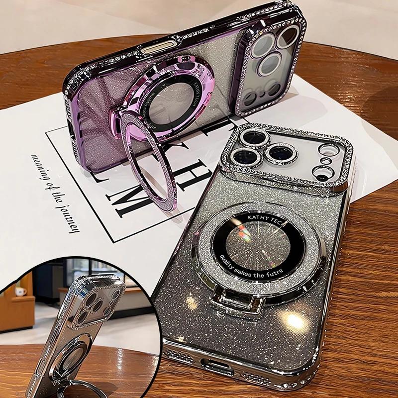 Glitter Diamond Magnetic Bracket Phone Cases For For Iphone 17 16 1 14 13 Pro Max 17Pro For  Wireless Charging Cover
