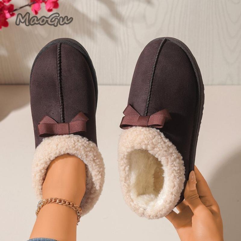 Autumn Winter Women's Footwear Plush Snow Boots Bow-tie Suede Warm Slip On Round Toe Boots Non-slip Thick Bottom Women Shoes