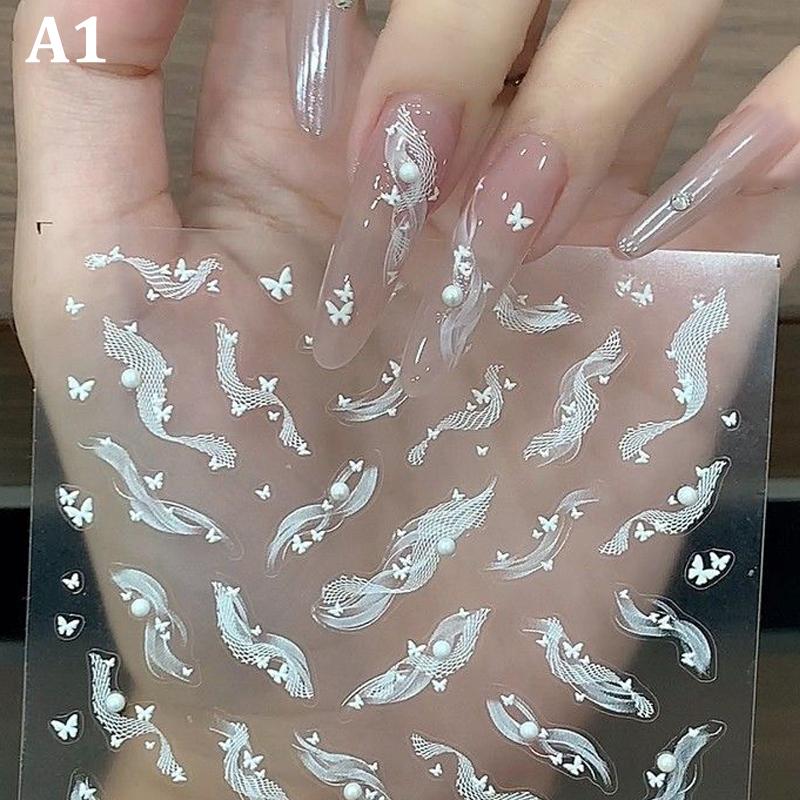 

1 Аркуш Біла Мереживна Стрічка з Перлами Наклейки для Нігтів Самоклейка Наклейка для Нейл-Арту Прикраса для Нігтів A1