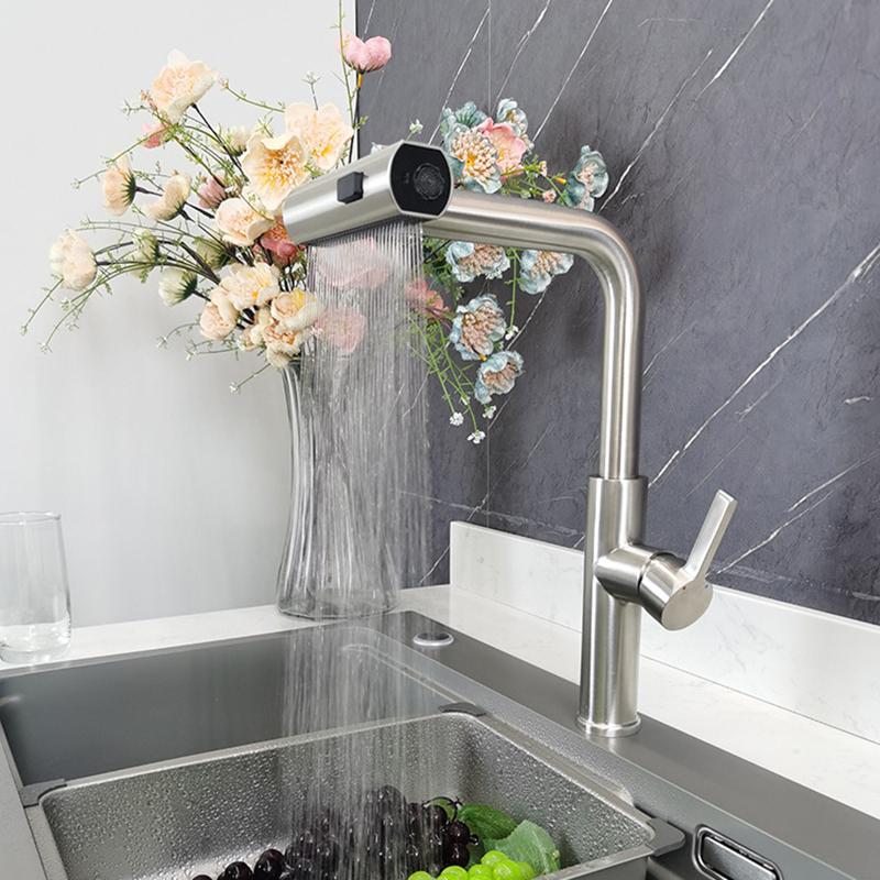 Nickel 304 Stainless Steel Pull-out Kitchen Faucet Waterfall Hot And Cold Mixed Water Sink Tap Multi-function Rinse Rotate