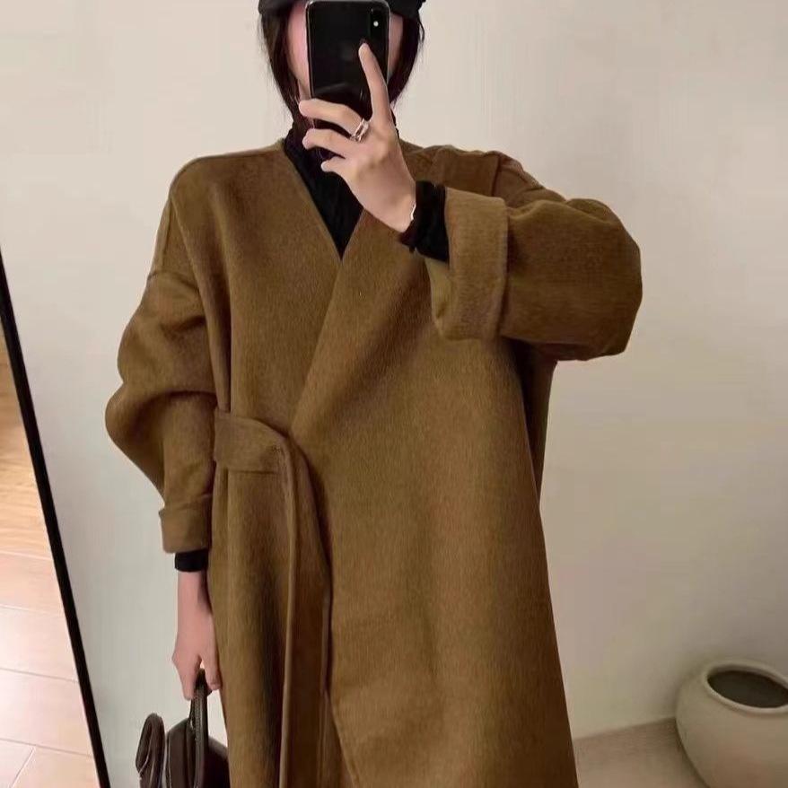 2025 V-neck Double-sided Wool Coat with Flowing Ribbon - Women's Autumn/Winter Design