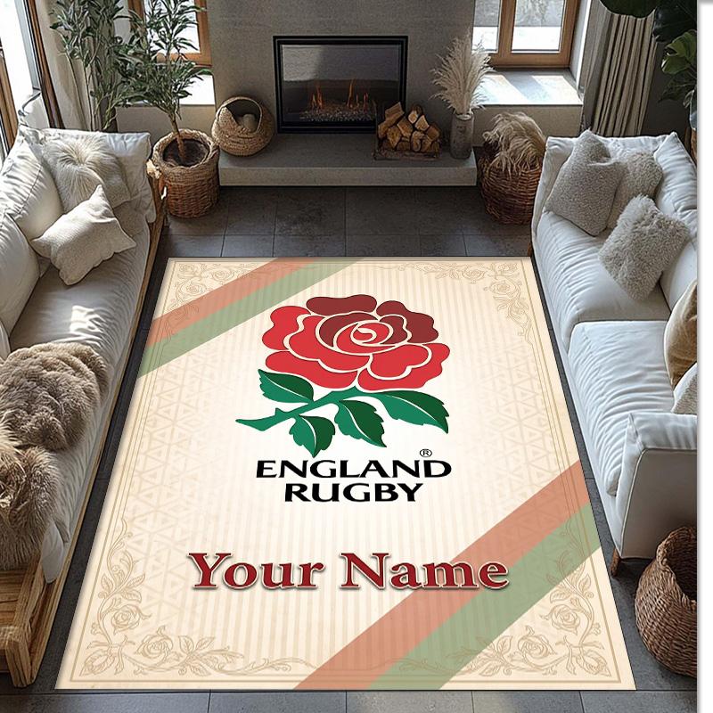 England Rugby Crystal Velvet Rug, Custom Name Text Personalized Non‑Slip Floor Mat for Home Decor Gift