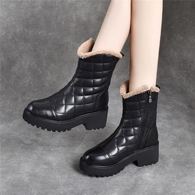 Fashion Black Leather Round Toe Winter Elegant with Medium Heels Snow Boots for Women Waterproof Platform Boot Hot Fashion Woman Shoes