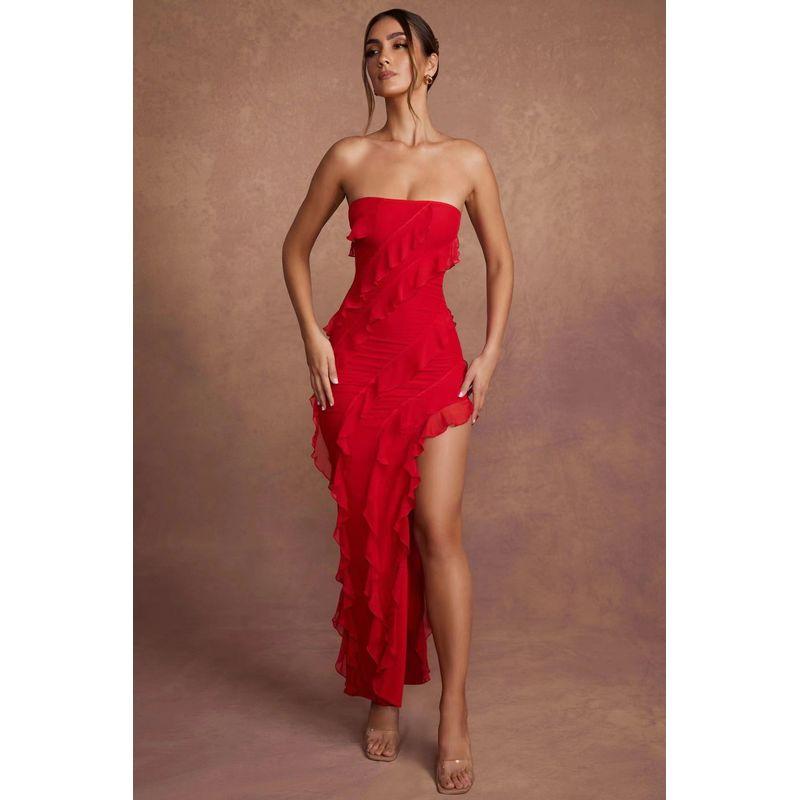 

Платье с открытой спиной, с разрезом, с кисточками, платье-топ-труба Red L