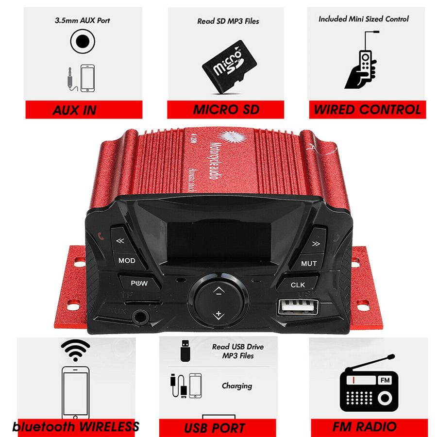 Pair Universal 12V Motorcycle Audio Bluetooth Remote Control Speaker Sound