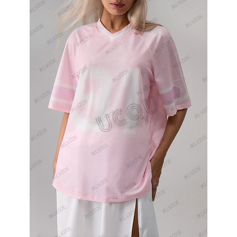 Oversize T-shirt Damski Dekolt V Krótki Rękaw Letni Patchwork Niebieski Nadruk Speed 91 Codzienne Koszulki Sportowe Koszulka Piłkarska Y2k Top