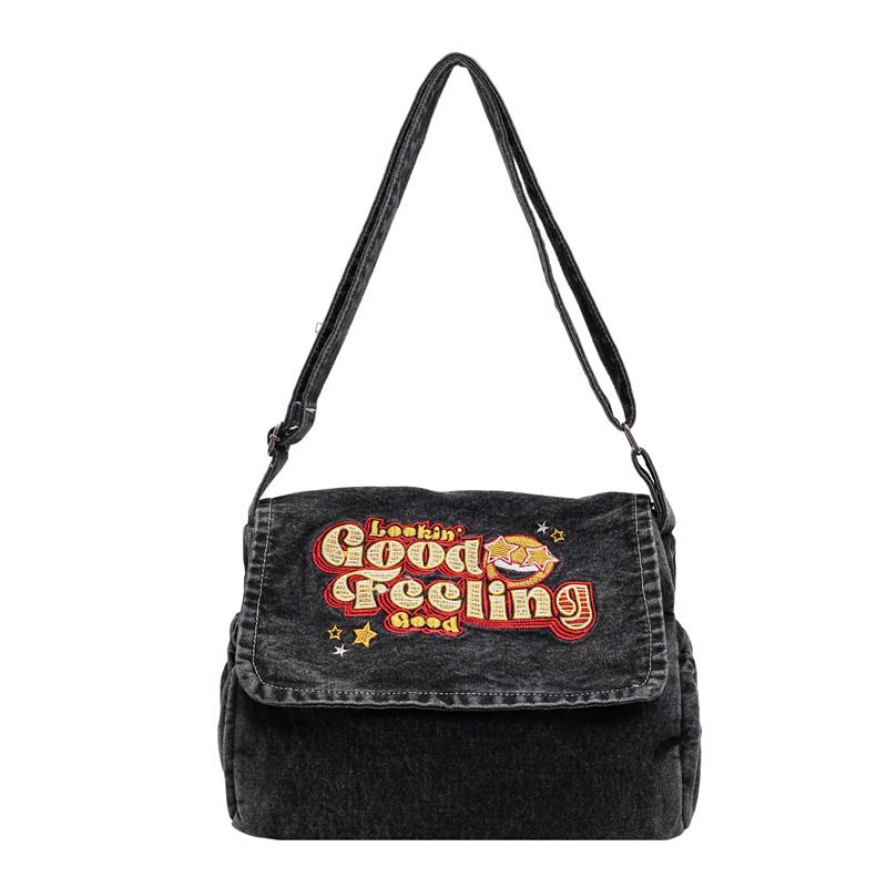 Large Capacity Denim Bag Student Class Crossbody Bag Letter Embroidery Women Commuter Tote Bag