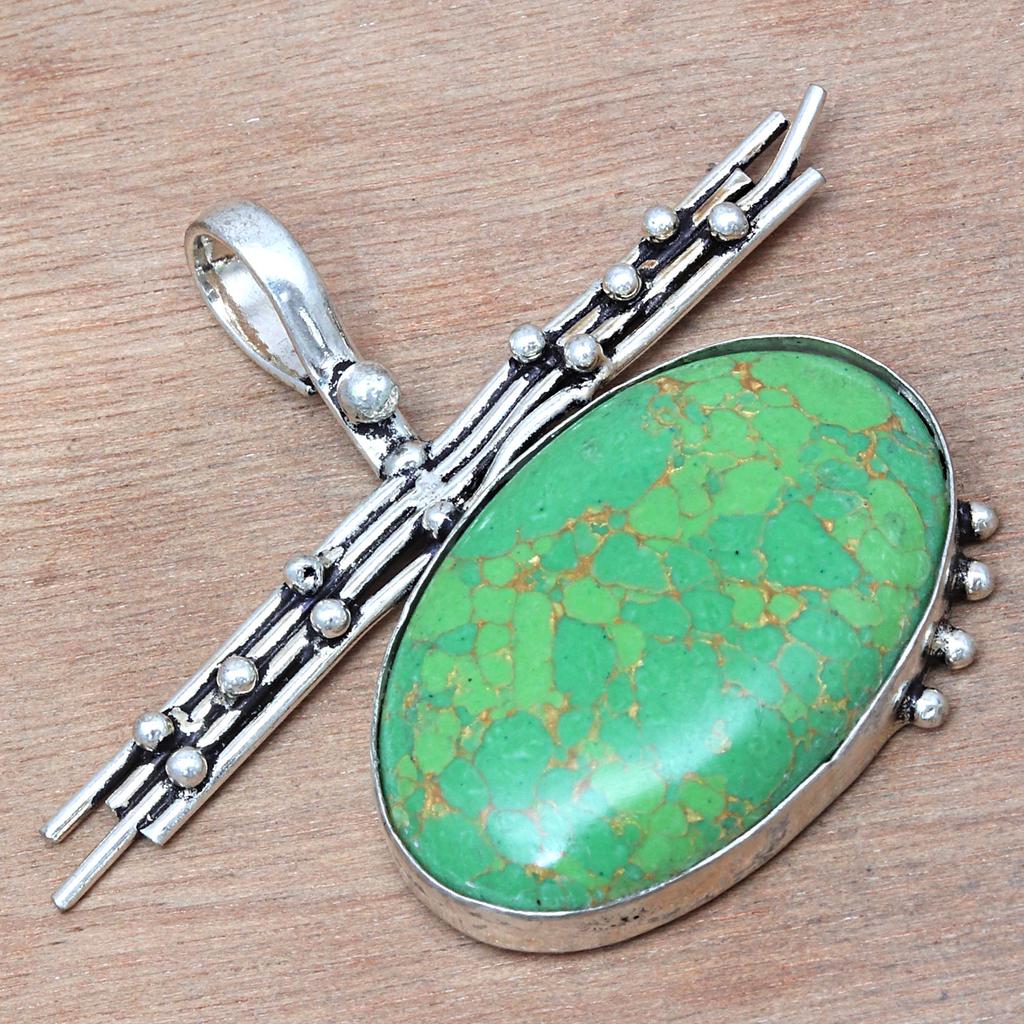 Pendant Green Turquoise Gemstone Handmade Gift For Her Silver Jewelry 1.75"