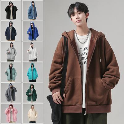Zipper Cardigan Sweater Men's Loose Hooded Jacket Trend of The Autumn Youth Solid Color Comfortable Tops