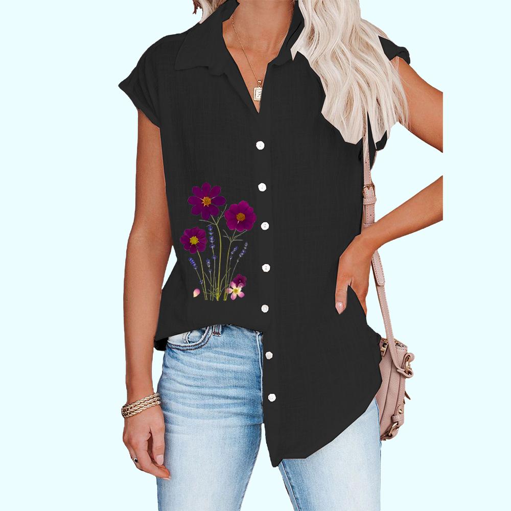 Damenmode Ärmelloses T-Shirt Dünne Lässige Bluse mit Blumendruck Damen Button-Down-Hemd