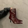 Women Sexy Pointy Patent Leather Ankle Boots Spring Autumn New Solid Color Stretch Slip On Booties Woman High Heels Skinny Boots