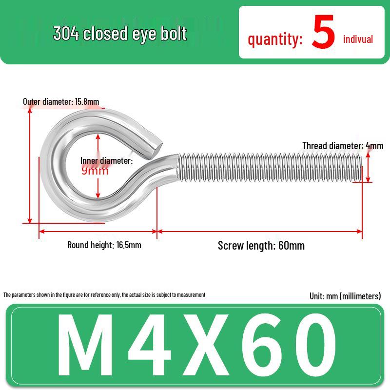 304 Stainless Steel Eyebolt with Ring Hook – Machine Thread Closed Eye Bolt (M4 M5 M6 M8)