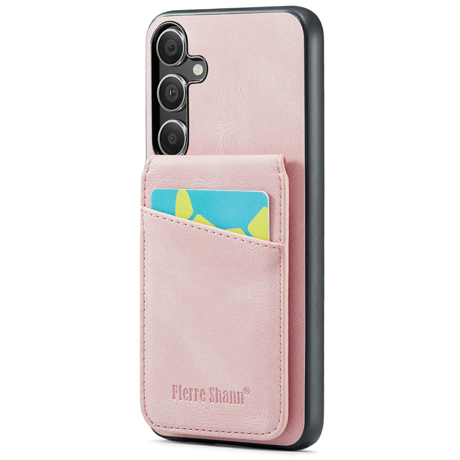 

FIERRE SHANN For Samsung Galaxy S24 FE Case Card Holder Kickstand Leather RFID Blocking Back Cover Pink