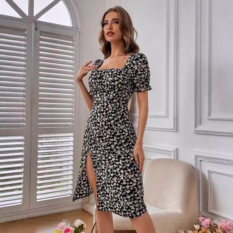

Floral Square Neck Sexy Slit Dress Floral Square Collar Sexy Split Dress Black S