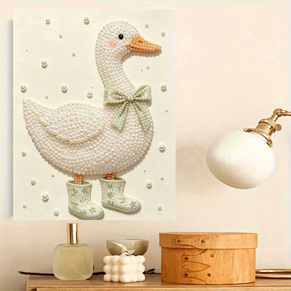 Creative DIY Framed Pearl Art Kit with Cute Duck in Rain Boots Pattern Sparkling Bead Canvas Ready to Display Relaxing Gift for Adults