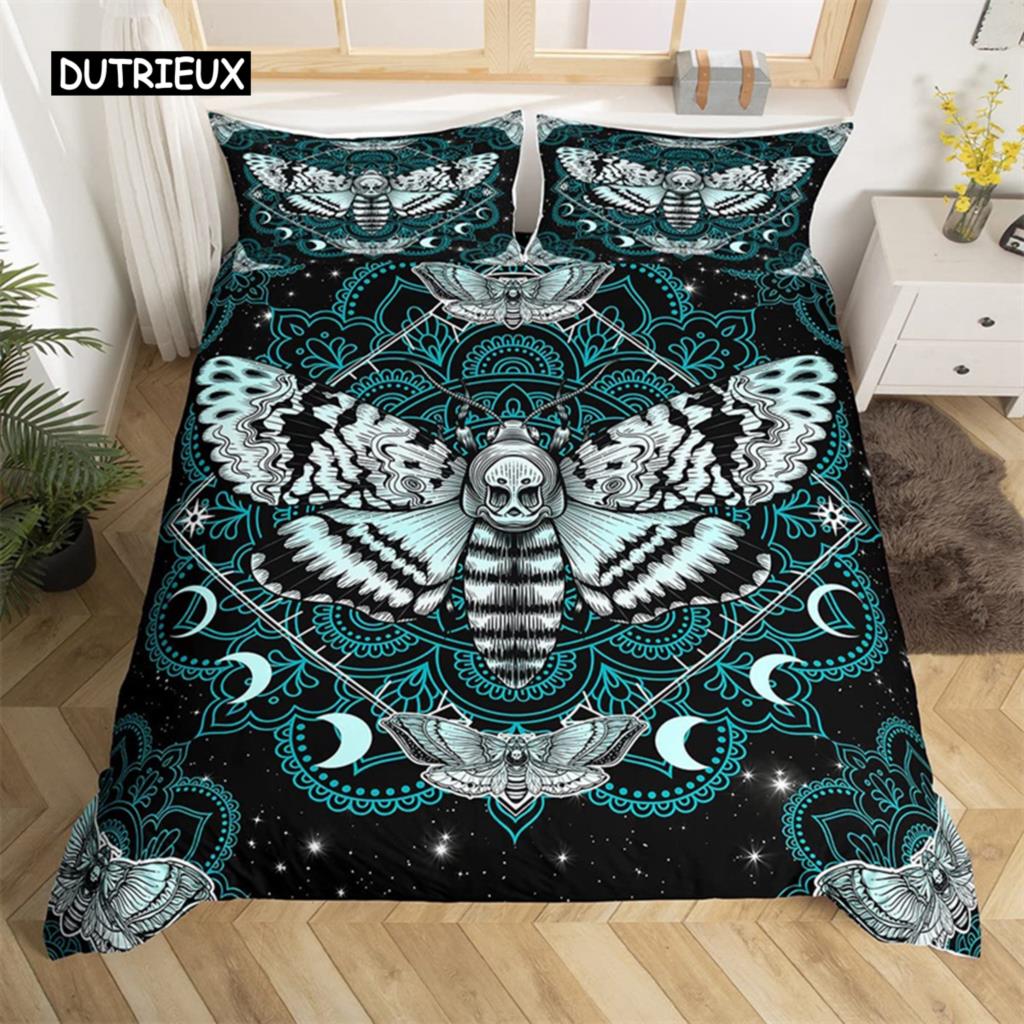 Butterfly And Death Moth Duvet Cover Queen Gothic Skull Flower Star Sky Moon Bedding Set Polyester Boho Exotic Black Quilt Cover
