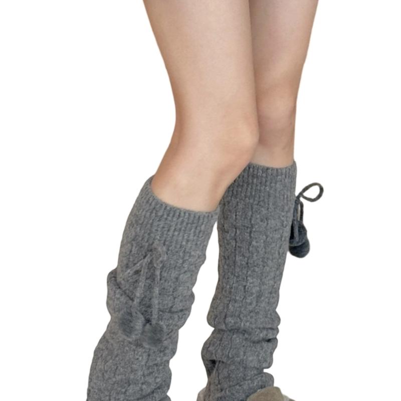 Fashionable Plush Balls Bows Adorned Leg Warmers for Women's Cable Knitted Stretchy Leg Covers Sleeves Calf Socks