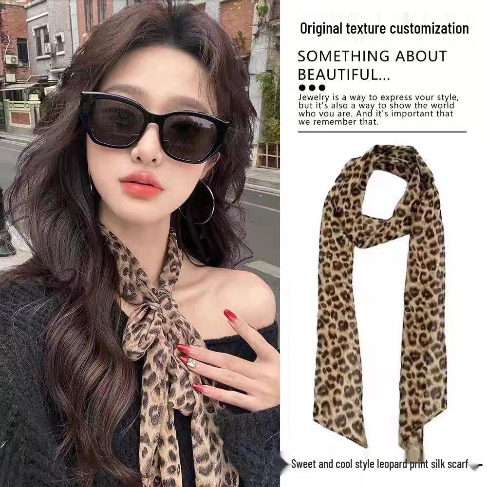 2026 Spring/Autumn Elegant Women s Double-Sided Silk Scarf & Hair Ribbon 12x145 cm леопардовый