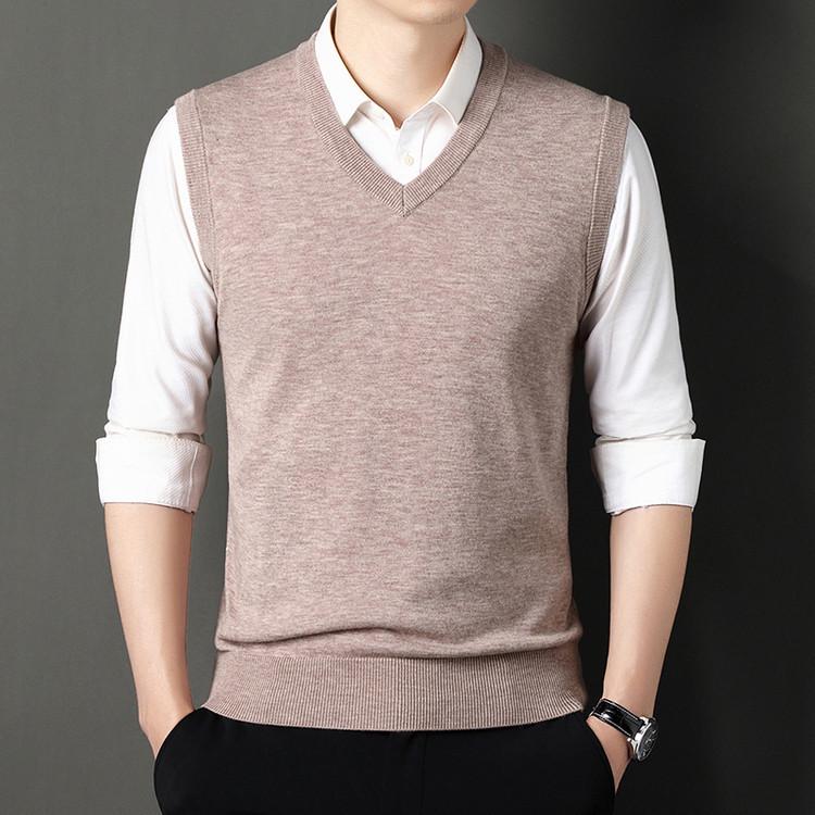 Men's Wool V-Neck Sleeveless Sweater - Solid Color Business Casual Knitwear for Spring and Autumn