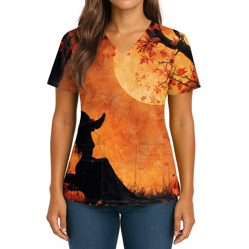 Women's Halloween Printed V-Neck Double Pocket Short Sleeves Hem Slit Uniform Caregiver Top
