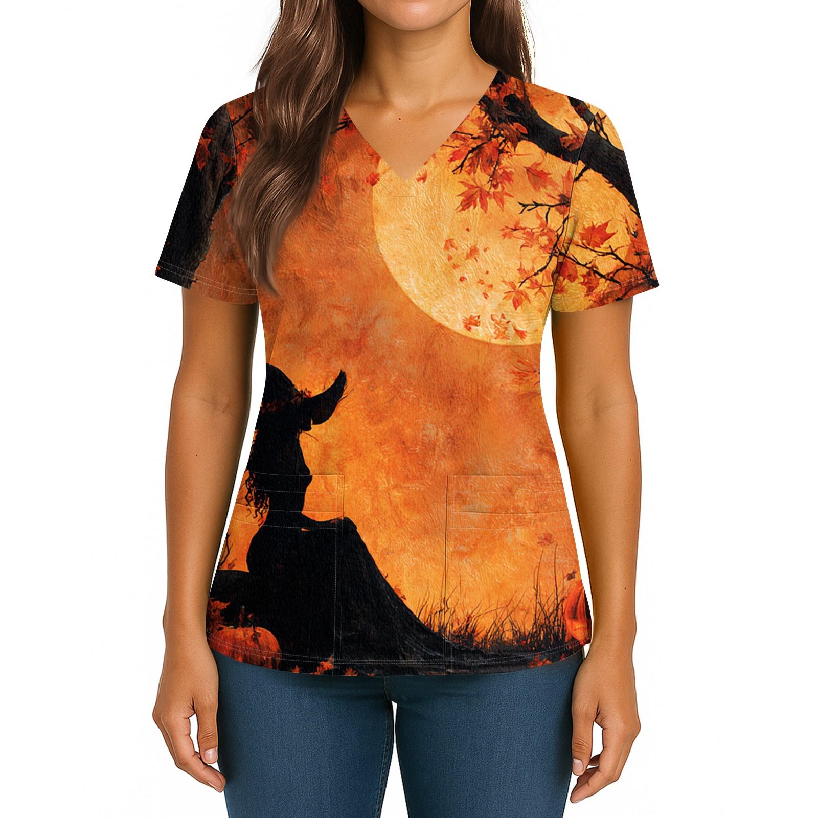 

Women s Halloween Printed V-Neck Double Pocket Short Sleeves Hem Slit Uniform Caregiver Top XXXL оранжевый