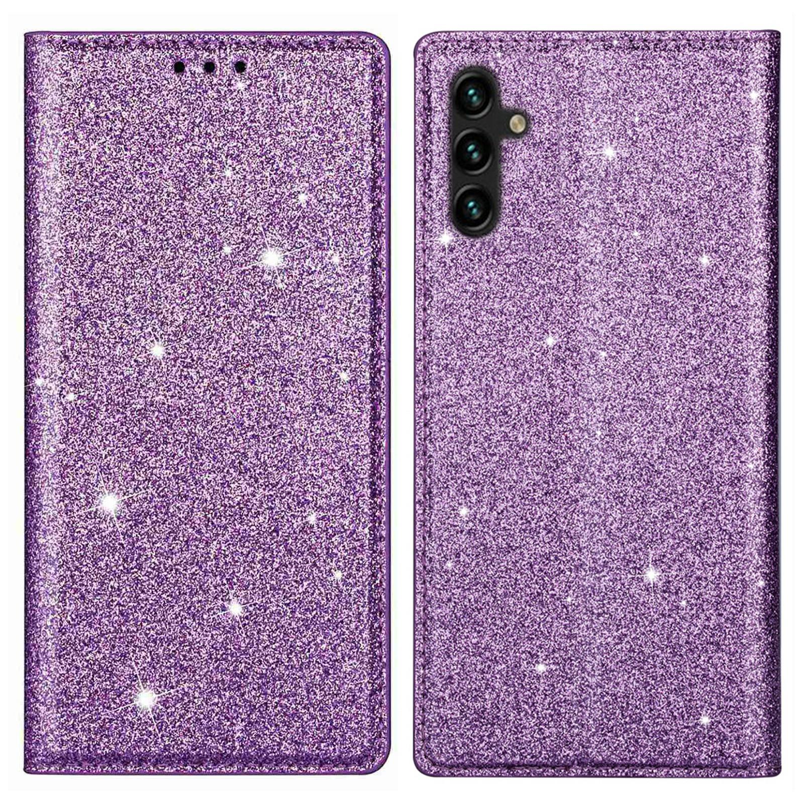 

For Samsung Galaxy A24 4G (162.1 x 77.6 x 8.3mm) Case Card Holder Glittery PU Leather Phone Cover Purple