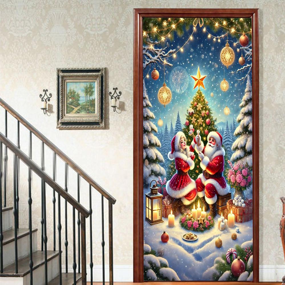 Christmas Santa Claus PVC Self-Adhesive Waterproof Door Sticker Modern Simulation Door Mural Wallpaper Living Room Study Home Decor Art Door Poster