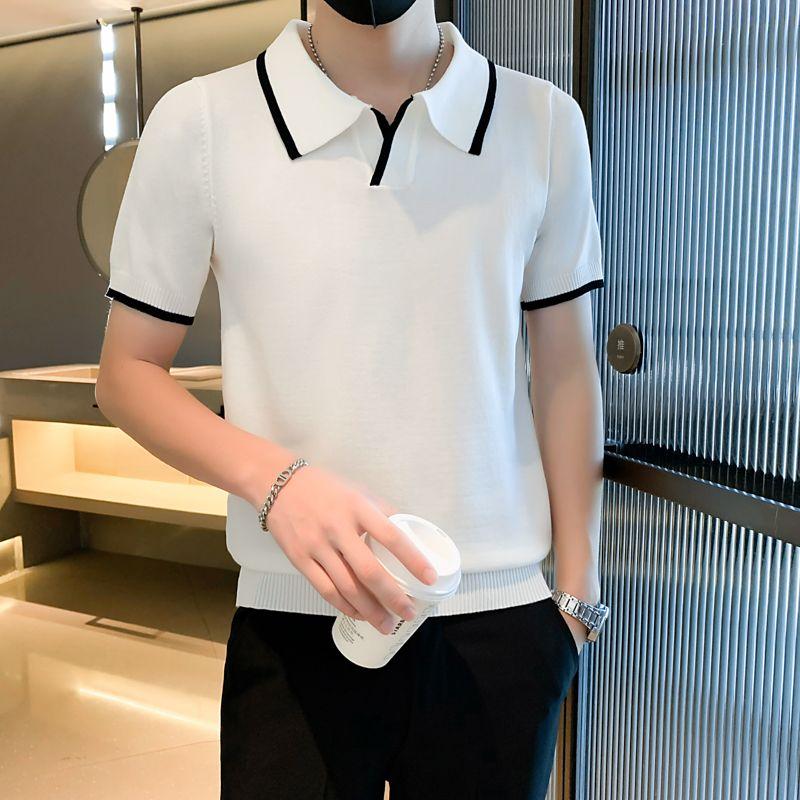 2024 Summer Fashion Knitted Non Ironing Polo Shirt Short Sleeved Luxury Business Combination Color Contrast Versatile T-shirt